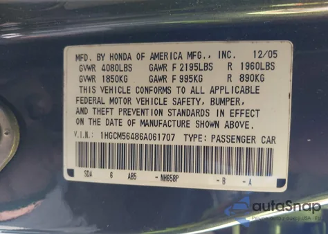 2006 Honda Accord 2.4 Lx from USA, damaged, VIN 1HGCM56486A061707